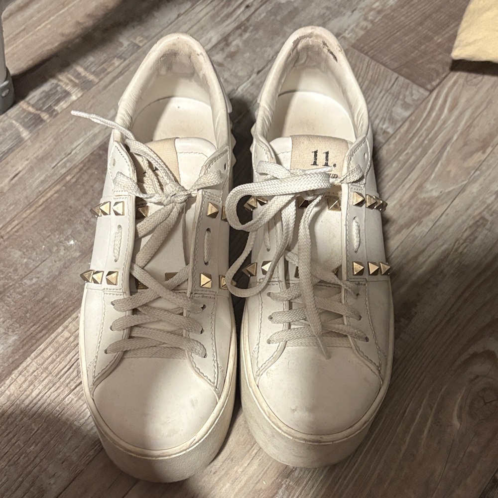 Valentino Garavani White and Gold Studded Sneakers